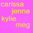 Yellow pixelated text on a solid pink background displays multiple names and phrases in a scattered arrangement.