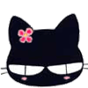 Black cat head with pink flower on left ear, white teeth, and small pink nose; four variations show different eye expressions including closed eyes and vertical lines.