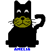 Black cat avatar with yellow face and blue text 'AMELIA' below, showing two distinct eye expressions in a static image.
