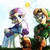 Two pixelated anime-style characters stand side-by-side under a yellow sun, with pink hearts and text on the right.