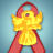 Pixelated icon of a golden angel pin with red wings and bow, set against light blue background.