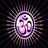 Pixelated static icon with a glowing circular center surrounded by radiating lines on black background, featuring abstract purple and white shapes resembling stylized text or symbols.