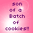 Pixelated text on a pink gradient background with four identical showing 'son of a Batch of cookies!!' in purple letters