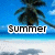 Pixelated beach scene with palm tree, blue sky, and white sand under the word 'Summer' in bold black letters.