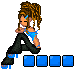 Pixel art character with brown dreadlocks in high ponytail, blue top, black pants, blue shoes, seated pose with arms crossed, blue text blocks below.