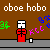 Pixel art animation of two figures on a brown background with repeated 'oboe hobo' text, showing sequential changes in their positions and interactions.