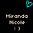 A static pixel art image with a cyan heart outline at the top, two identical text blocks below reading "Miranda Nicole" and ":)" in beige, on a black background.