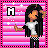 Pixel art of a character with long black hair, white crop top, and checkered pants against pink-purple striped background with star sparkles.