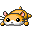Pixel art of a small orange hamster with pink ears and black eyes, shown in two side-by-side poses against a gray background.