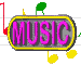 Animated sequence of 'MUSIC' icons with pink text on gray backgrounds, yellow borders, and musical notes in various positions.