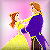 Pixelated static image of two cartoon characters dancing against a pink background, one in yellow dress and the other in blue outfit with yellow accents.