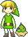 Pixel art character in green tunic with yellow belt, white leggings, brown boots, and pointed green hat stands beside small tree-like object on gray background.