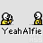 Pixelated animation of yellow-clad figures with white heads performing sequential actions around a floating object, each frame labeled "YeahAlfie" below.
