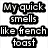 Text-based image with black and white pixelated text on left, a food item on right.