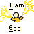 Pixelated figure in yellow shirt with glowing head and lightning bolts, text reads 'I am God' on gray background.