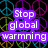 Pixelated image with four distinct sections: purple text 'Stop global warming' over peace signs, green text 'Save the planet' over Earth, cyan text 'so the polar bears dont die!' over a dog, and a blank gray section.