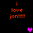 Pixelated orange text 'i love jon!!!!!' appears in four positions on a black background with two purple heart icons, one pink and one dark purple.