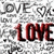 Red 'LOVE' text with black outline appears over repeating gray 'LOVE' and heart symbols on a white background.