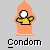 Pixelated icon of a yellow figure with a white circular head holding a green object, set against an orange cone-shaped background with the word 'Condom' below.