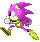 Pixelated character with purple spiky hair, yellow shoes, and green accents in multiple running poses against gray background.