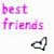 Pixelated 'best friends' text in pink appears above a black arrow pointing right, with six circular character icons arranged around it on white background.