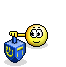 Yellow smiley face with black eyes and mouth next to blue spinning top, some frames show text bubble saying 'Gimel!' above the head.