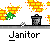 Animated contact sheet of a janitor character performing various cleaning actions across 12 frames, displayed in a 4x3 grid with gray background and yellow brick patterns.