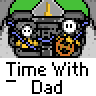 Animated contact sheet of a pixel-art buddy icon showing a green-hatted robot with white eyes and orange smile, displaying frame-by-frame animation changes including speech bubble appearance.