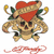 Tattoo-style skull with red heart, crossed bones, and green leaves; two versions of a cursive 'Ed Hardy' text below.