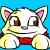 A 5-frame animated contact sheet of a cartoon cat with yellow and white fur, pink inner ears, brown eyes, and a red collar against a blue background.