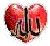 Two side-by-side heart-shaped icons with red and pink gradient fills, dark vertical center lines, and pixelated edges on a gray background.