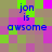 Pixelated text 'jon is awsome' repeated across a of green, purple, and brown squares with blue lettering