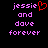 Pixelated text reads 'jessie and dove forever' in purple with a red heart replacing the 'i' in 'jessie' on the left side of a split-screen display.