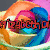 A four- of pixelated text over swirling rainbow backgrounds with a central circular shape