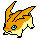 Pixel art of an orange and yellow Digimon character with blue eyes, black outlines, and a dynamic running pose on gray background.