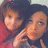 Two people in a close-up photo on the left, with three purple text labels reading "meagan<33", "melana<33", and "tosti<33" on a bright yellow background.