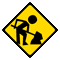 Yellow diamond-shaped warning sign with black stick figure digging, shovel in hand, two piles of dirt at feet.