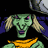 Green-skinned figure with blonde pigtails wears orange scarf and gray hat, holding playing cards in animated sequence.