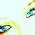 A close-up of a person's face showing blue eyes with yellow hair, rendered in pixelated style.