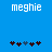 Blue background with white text 'meghie' at top, six pixelated heart shapes below arranged in two of three