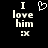 Black background with white pixelated text 'I love him' and ':x' below, featuring a heart symbol above the word 'love'.