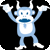 Pixelated blue monkey with white accents, raised arms, and a wide open mouth against black background.