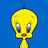 Pixelated yellow cartoon bird character with large eyes and small beak against solid blue background, static single-frame icon.