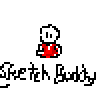 Pixel art contact sheet showing five frames of a red-shirted stick figure animation with repeated text "Sketch Buddy" on gray background.