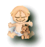 Animated baby character with blonde hair and blue eyes holding a brown teddy bear, wearing white diaper-like clothing.