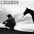 A cowboy crouches beside a horse, with text above reading "COWBOY TAKE ME AWAY" in three showing grayscale animation changes