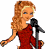 Pixelated character with curly blonde hair singing into a microphone, wearing red top, black shorts, and red patterned thigh-high boots.