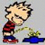 Pixelated character with spiky light brown hair, closed eyes, red striped shirt, blue pants, and red shoes stands next to a small green plant in a blue pot.