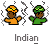 Two pixelated figures with brown skin wear orange and green outfits with matching headgear, surrounded by gray motion lines, below the word 'Indian' in pixelated text.