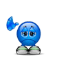 Blue cartoon character with green-and-white shoes, blue hand raised in wave, various facial expressions and speech bubbles containing text.